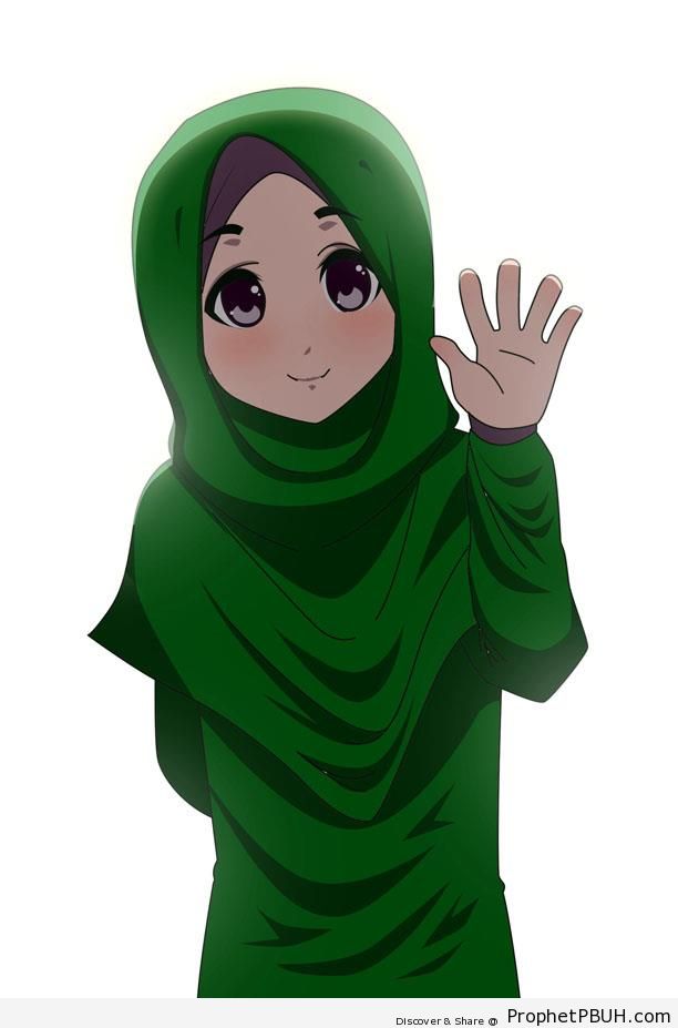 A Greeting from Muslim Girl in Green Hijab - Drawings