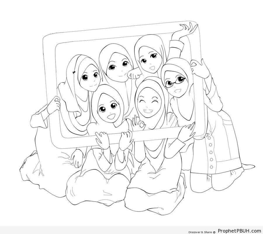 A Happy Group of Manga Muslim Girls (Line Drawing) - Drawings 