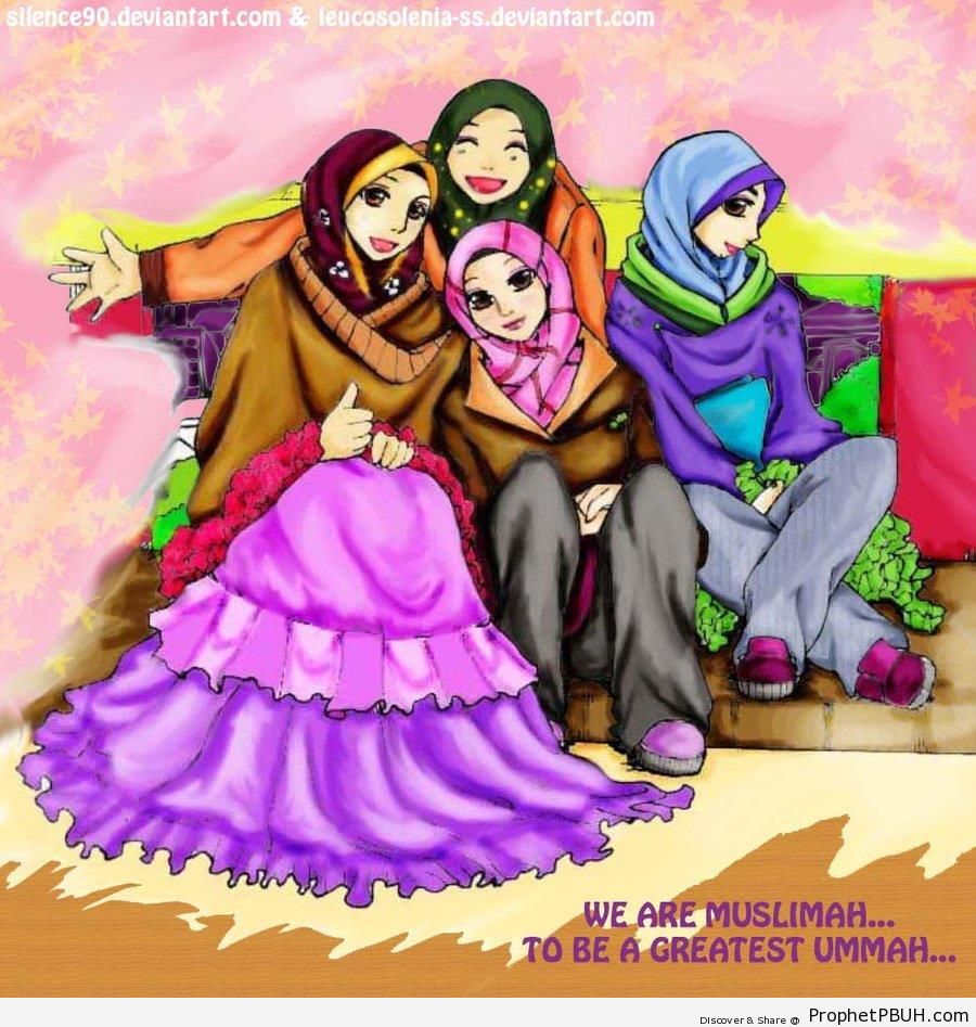 A Happy Group of Muslim Girls - Drawings 