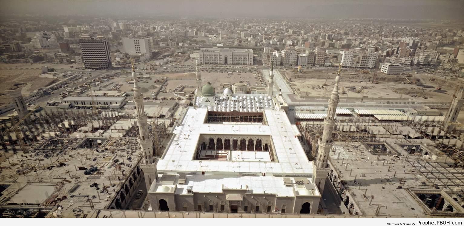 Aerial Photo of the Mosque of the Prophet (Madinah, Saudi Arabia) - Al-Masjid an-Nabawi (The Prophets Mosque) in Madinah, Saudi Arabia -Picture