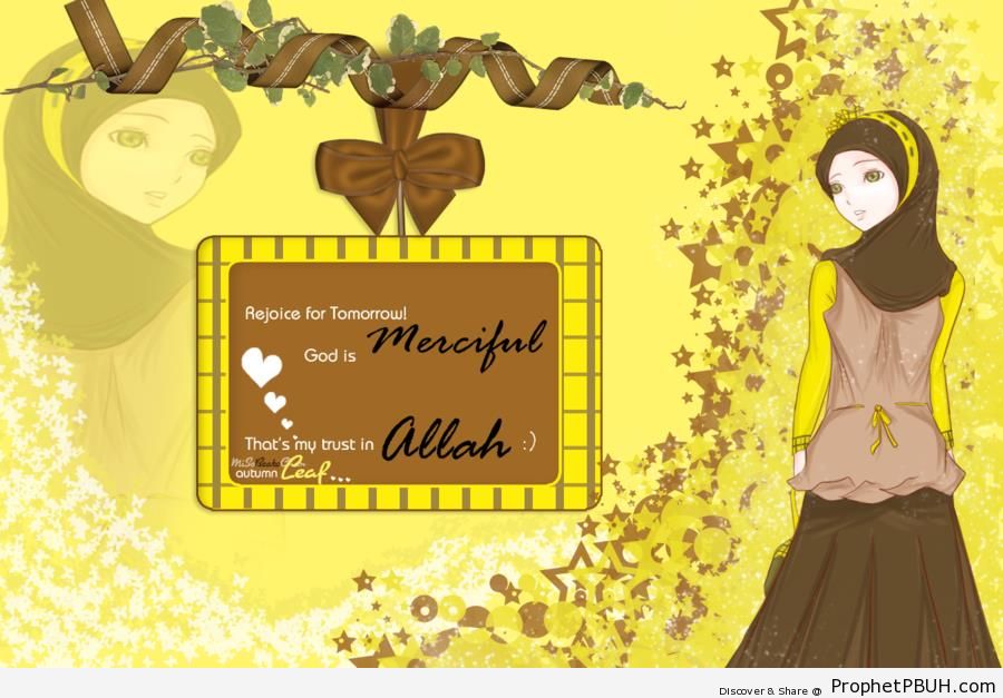 Allah is Merciful (Poster With Anime Muslim Woman Drawing) - Drawings 