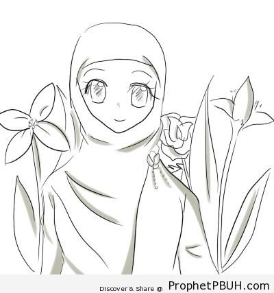 Anime Hijabi and Flowers - Drawings