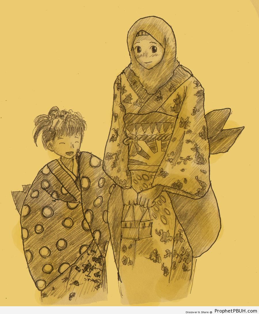 Anime Japanese Muslimahs in Kimono - Drawings 