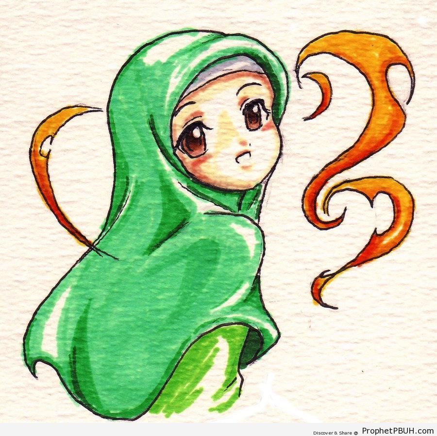 Anime Little Girl in Green Hijab - Drawings 