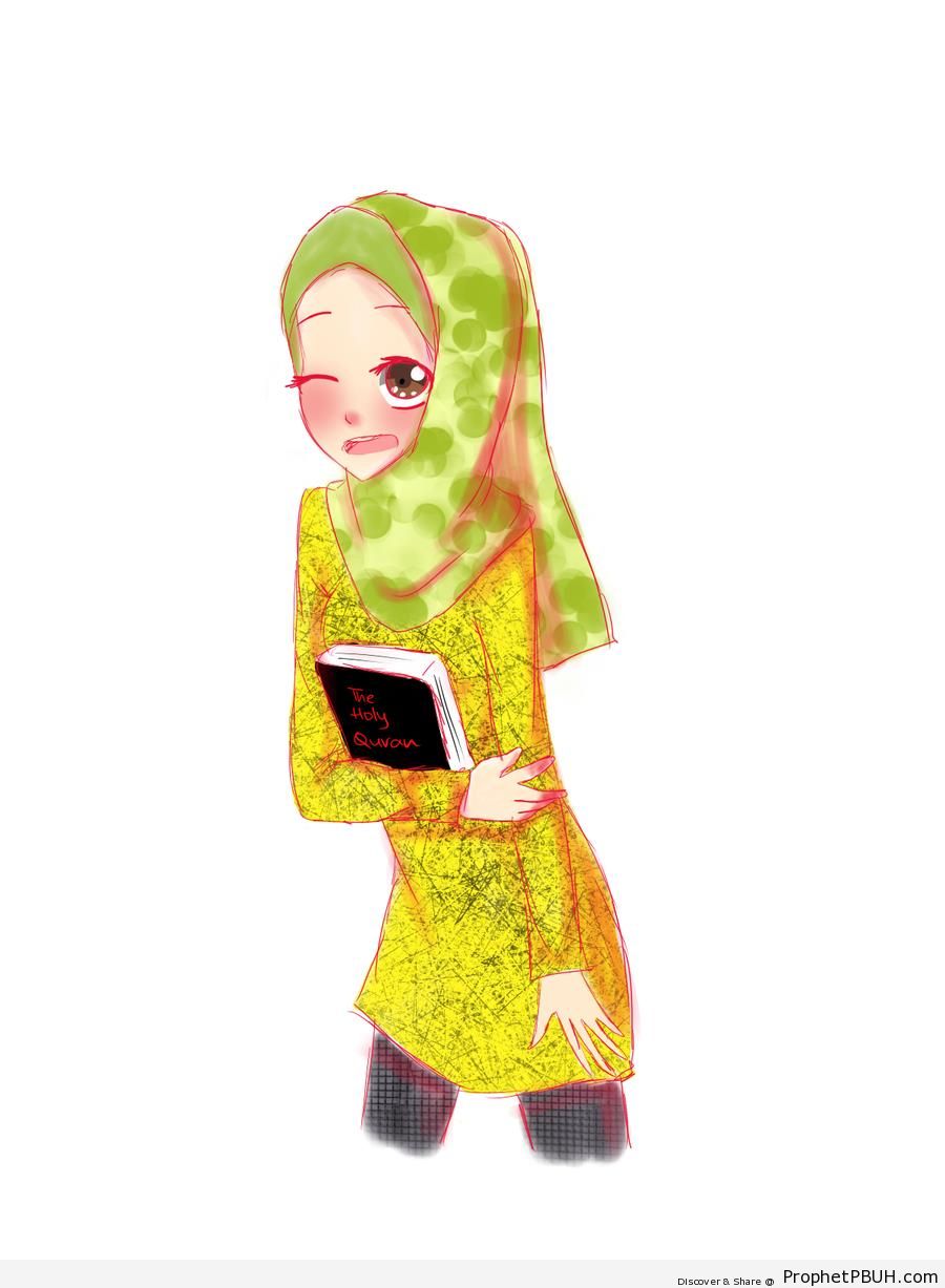 Anime Muslim Girl Holding Book of Quran - Drawings of Female Muslims (Muslimahs & Hijab Drawings) 