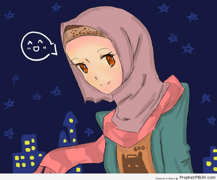 Anime Muslim Girl on Night Background - Drawings 