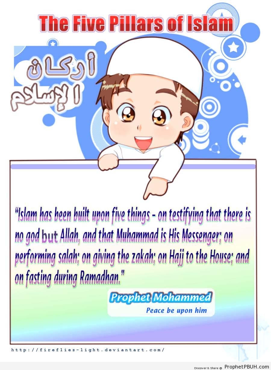 Anime Muslim Little Boy Pointing to the Five Pillars of Islam - Drawings 