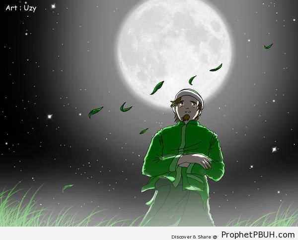 Anime Muslim Man Praying Outdoors In Front of Full Moon - Drawings