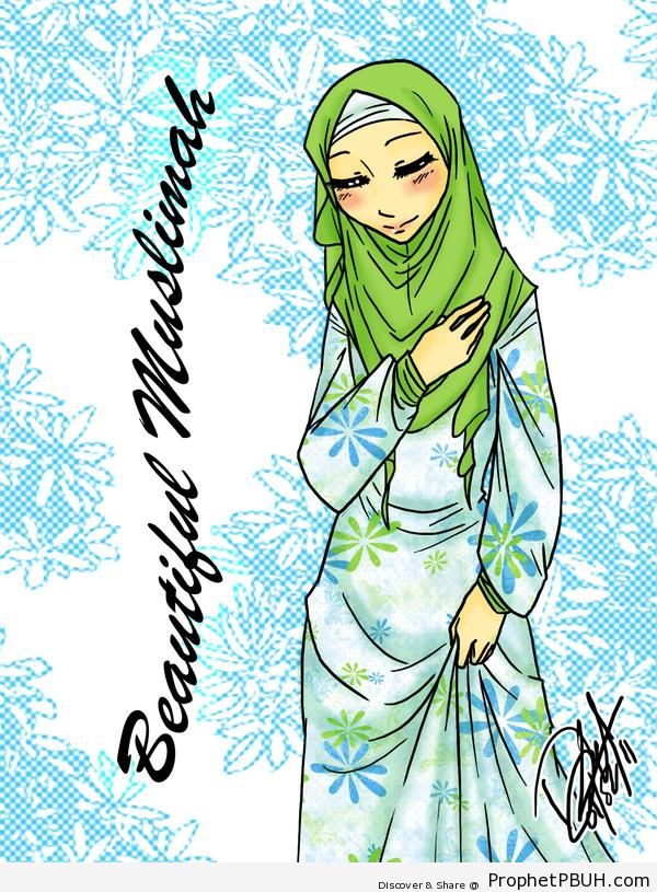 Anime Muslimah in Flower Pattern Hijab - Drawings