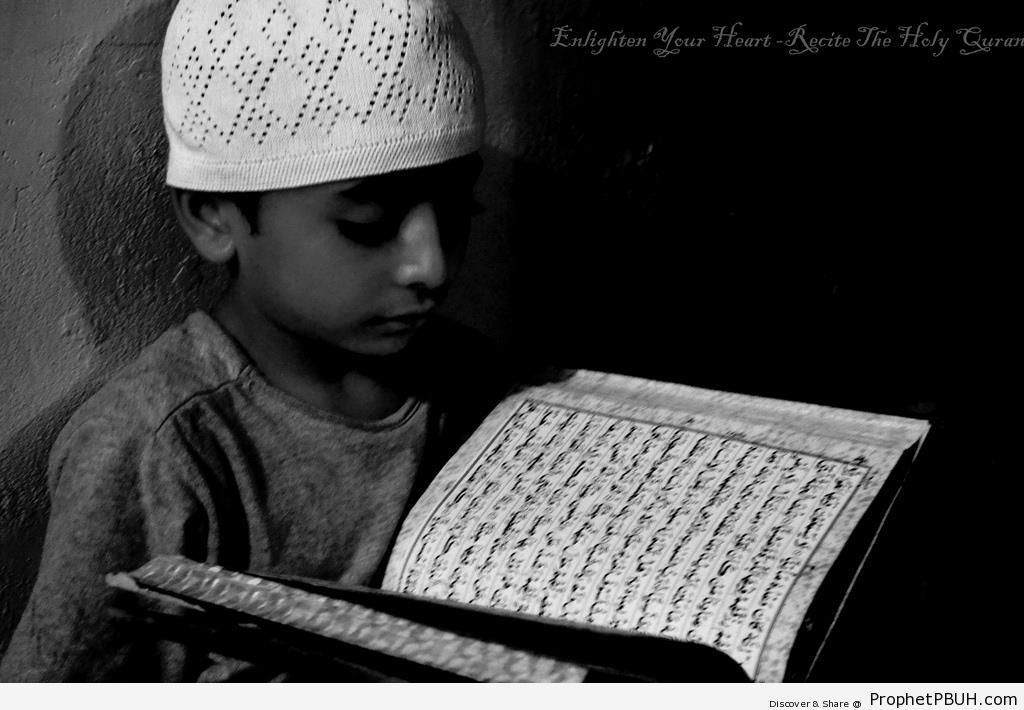 Black and White Photo of Boy Reading Quran - Islamic Black and White Photos