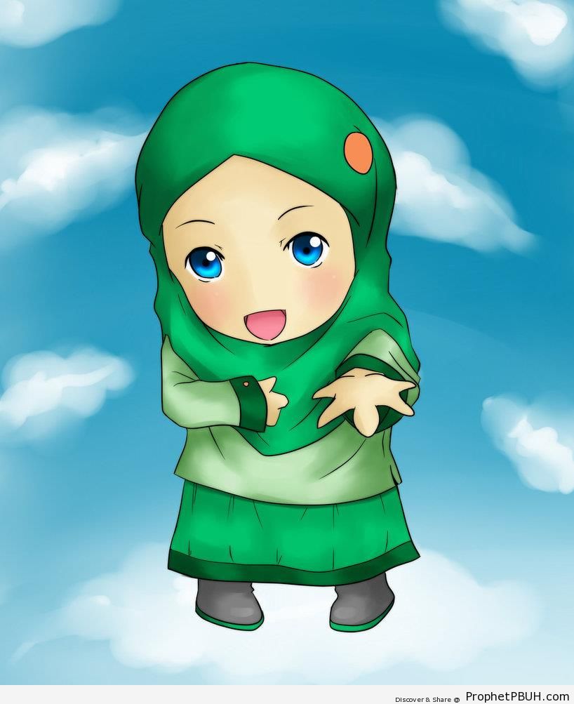 Blue-Eyed Chibi Girl in Green Hijab - Chibi Drawings (Cute Muslim Characters) 