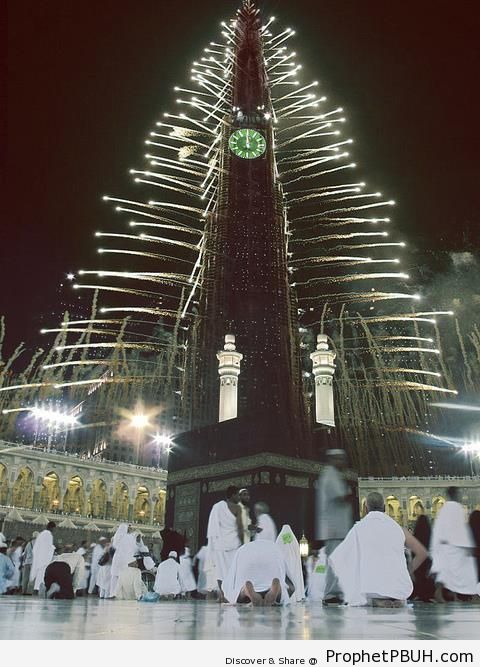 Burj Khalifah Fireworks Photoshopped on Makkah Clock Tower - al-Masjid al-Haram in Makkah, Saudi Arabia