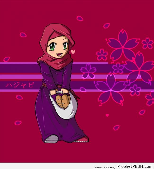 Chibi Muslim Woman on Flowery Background - Chibi Drawings (Cute Muslim Characters)