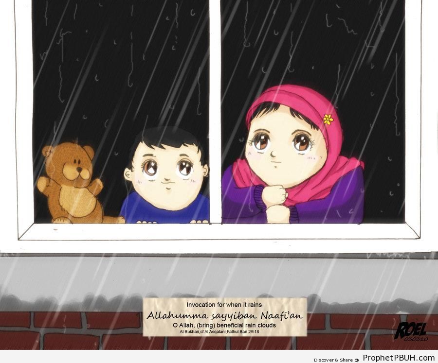 Children Watching Rain & Relevant Prayer - Drawings 