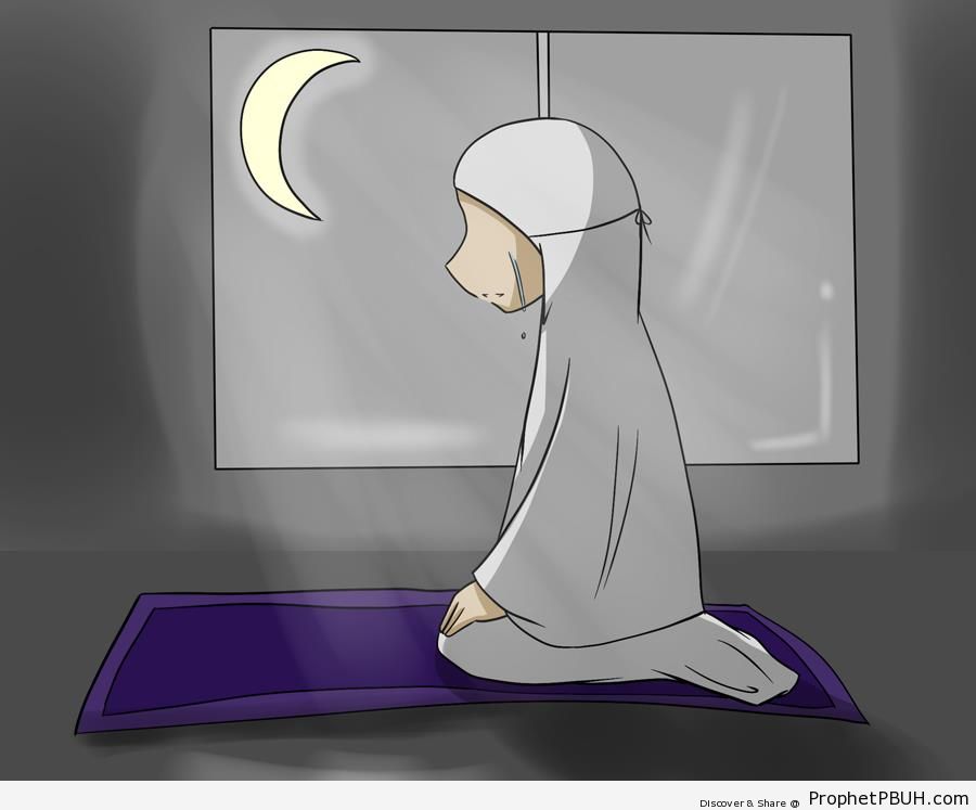 Crescent Moon Shining on Praying Muslim Woman (Drawing) - Drawings 