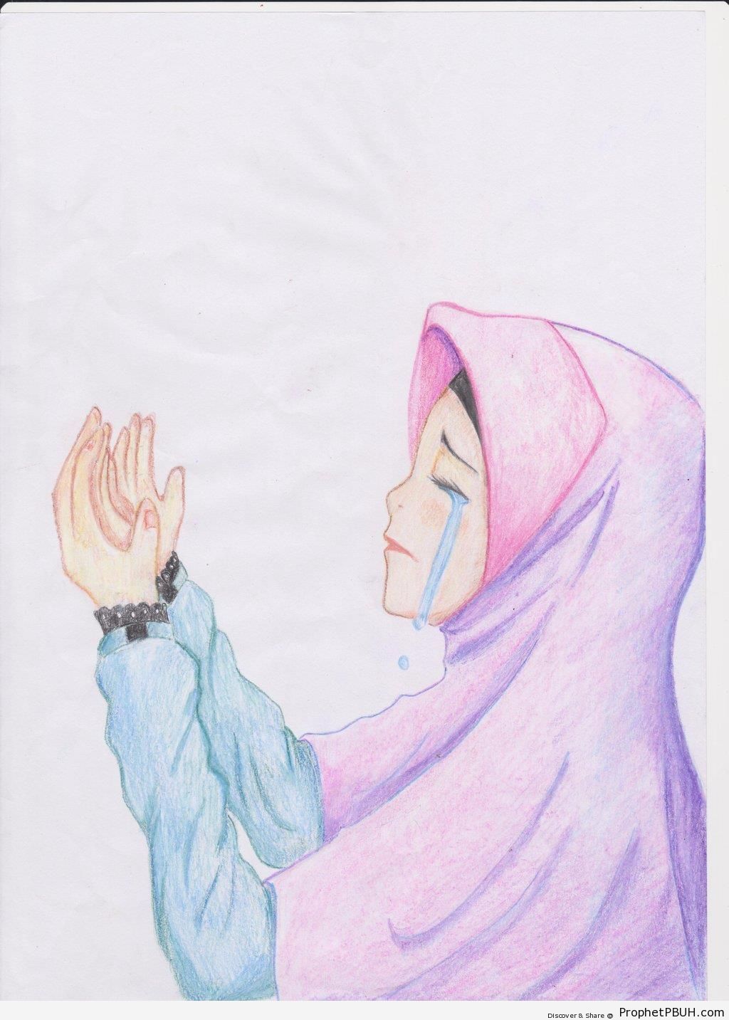 Crying Muslim Woman in Prayer - Drawings 