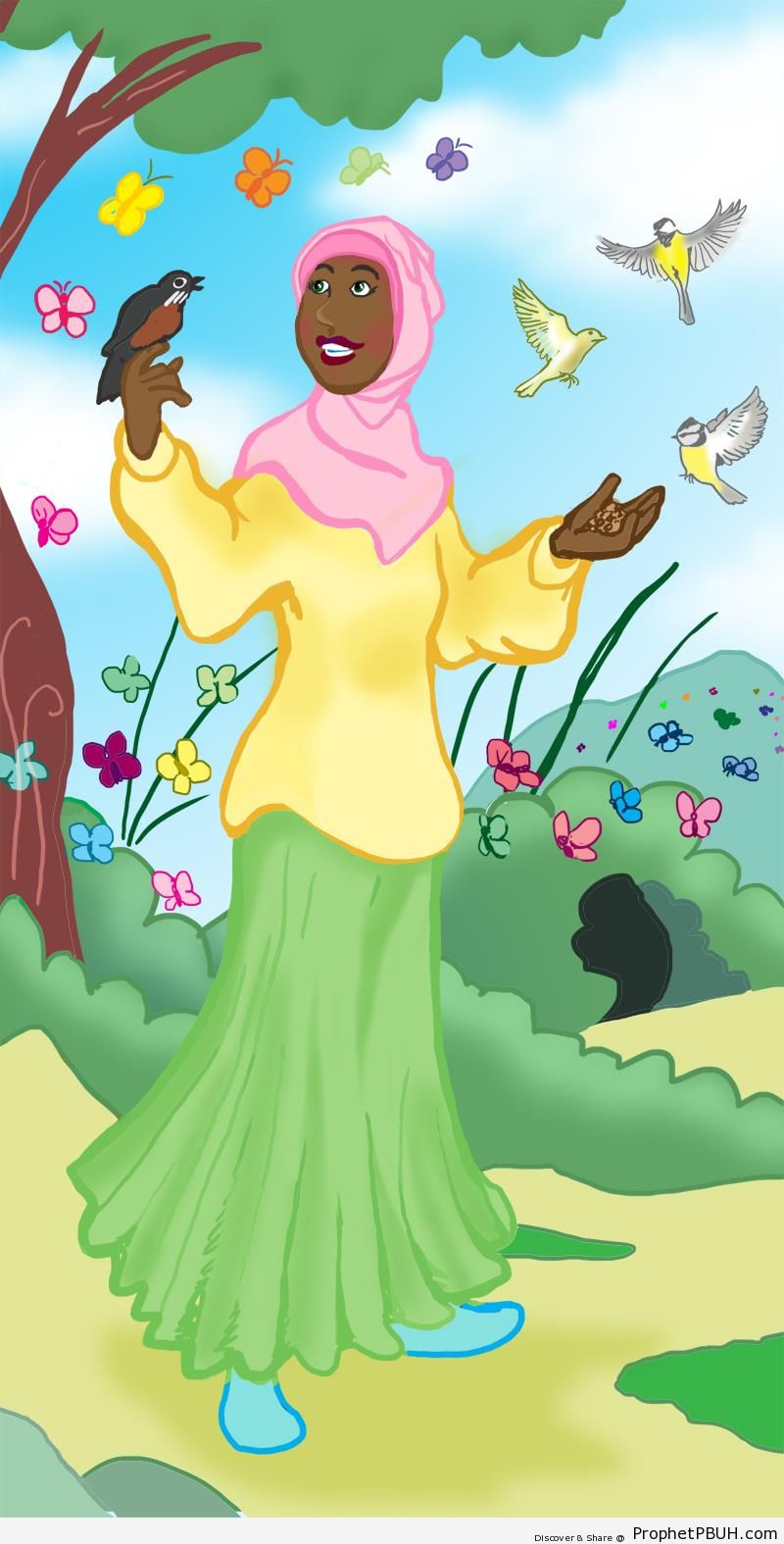 Dark Hijabi in Pink Hijab Surrounded by Birds [Drawing] - Drawings 