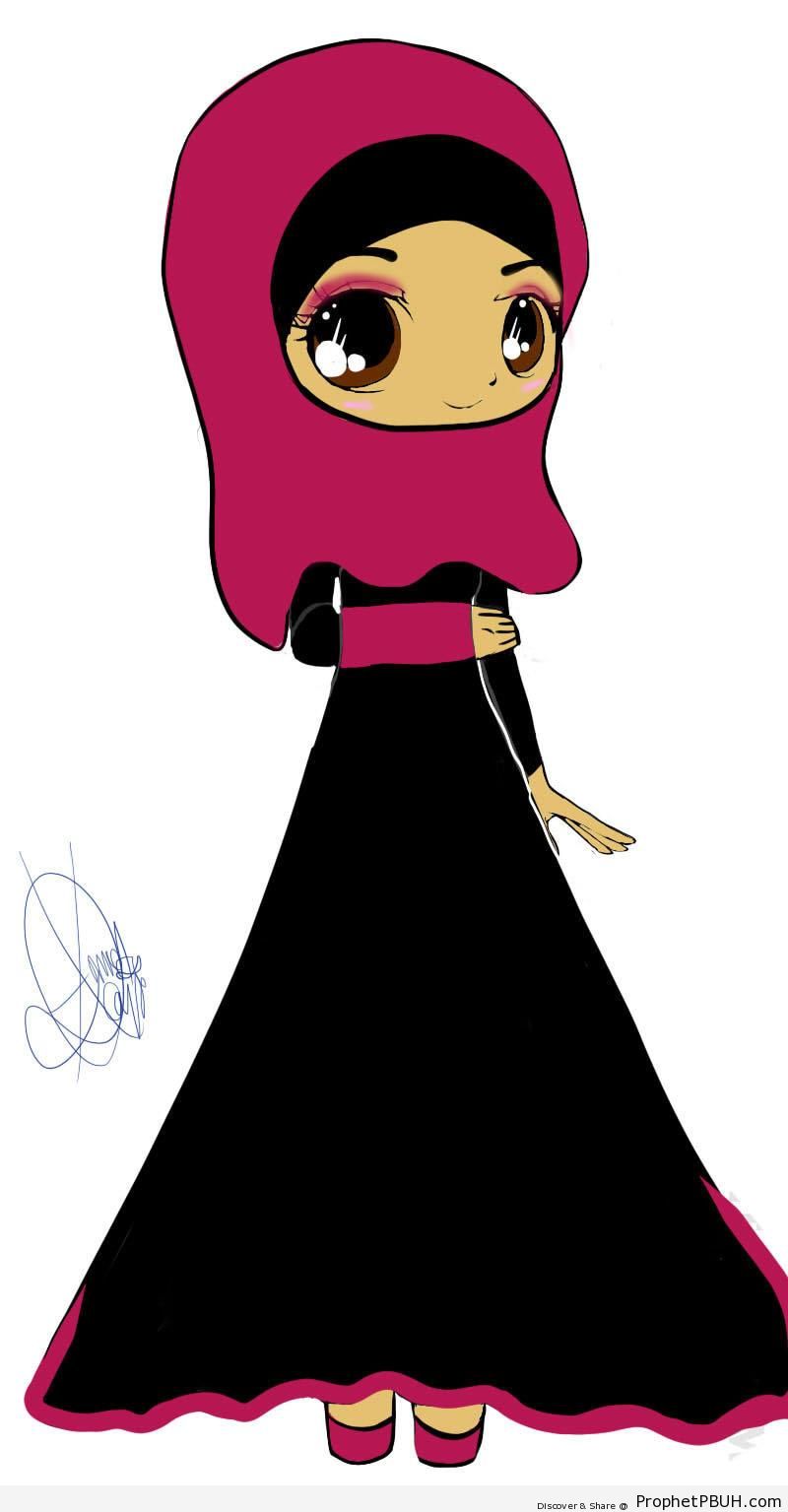 Drawing of Chibi Muslimah in Purple Hijab and Black Dress - Chibi Drawings (Cute Muslim Characters)