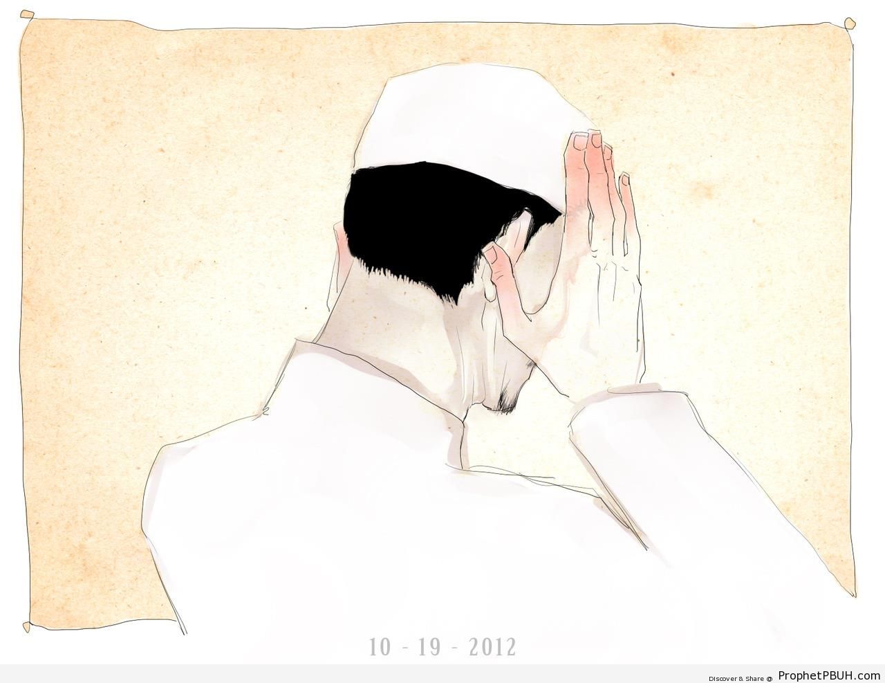 Drawing of Muslim Man About to Start Praying (Takbirat al-Ihram) - Drawings 