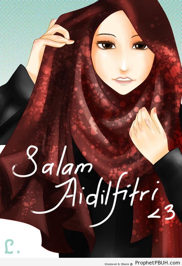 Eid al-Fitr Greeting With Drawing of Hijabi Muslimah - Drawings