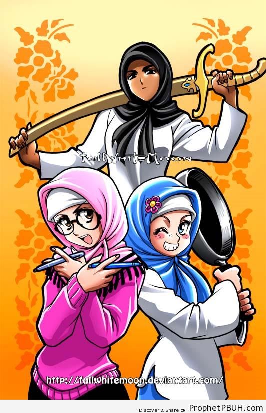 Female Muslim Warriors (Sword, Pan, and Pens) - Drawings
