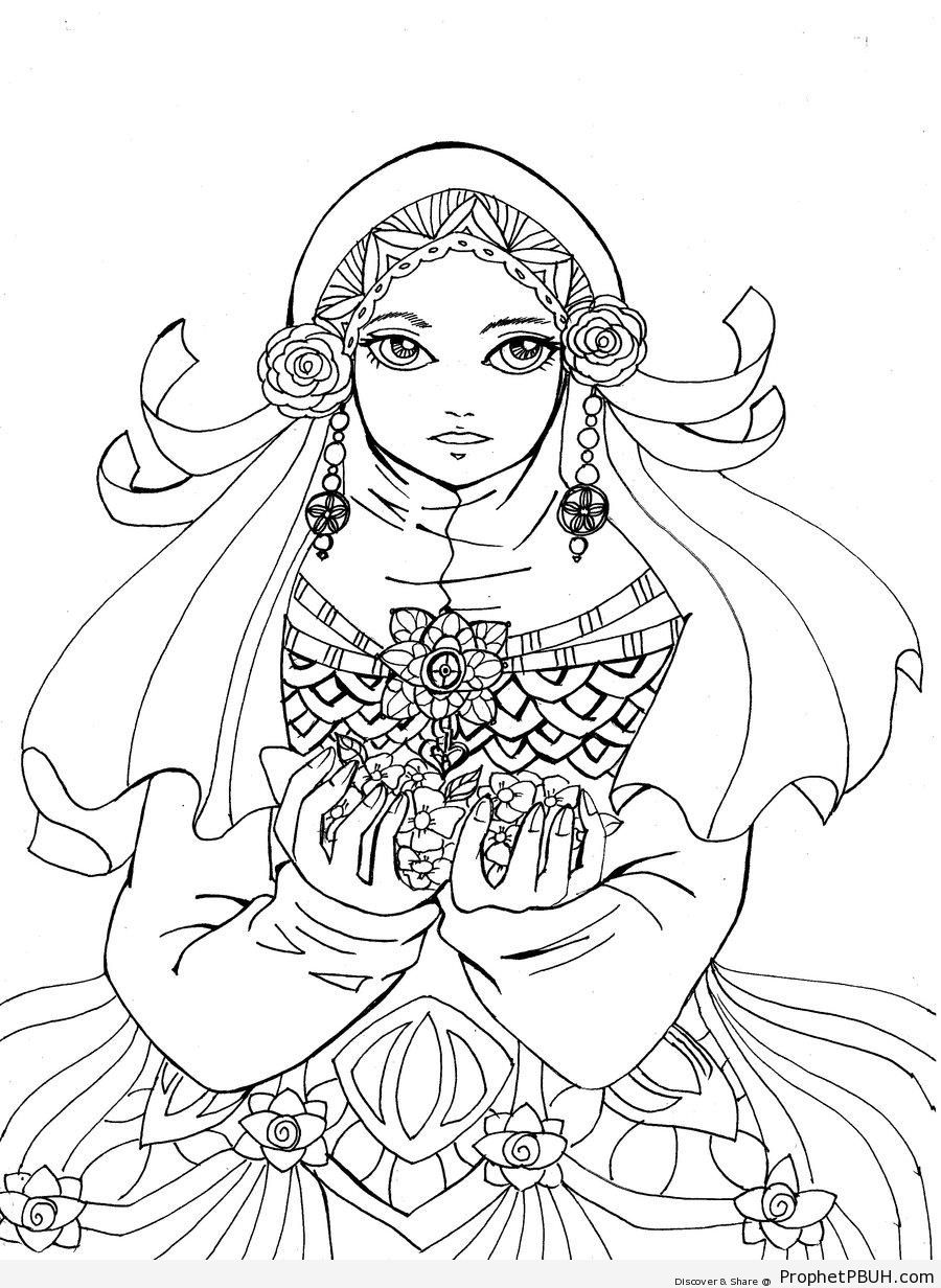 Flower-Decorated Hijab Line Drawing - Drawings 