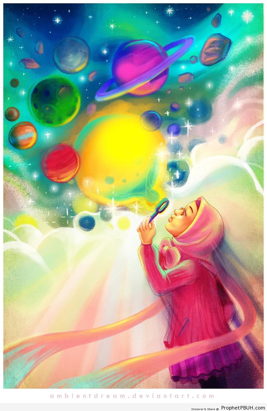 Girl Blowing Cosmic Bubbles - Drawings 