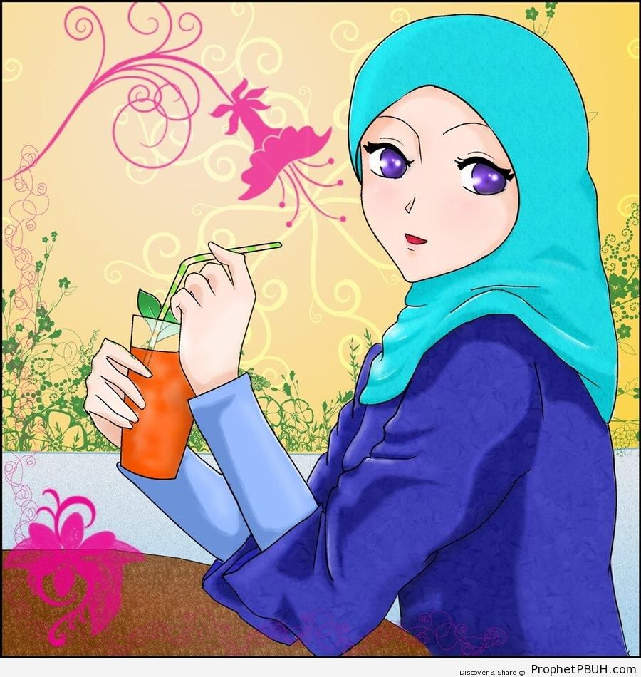 Girl Drinking Orange Juice - Drawings 