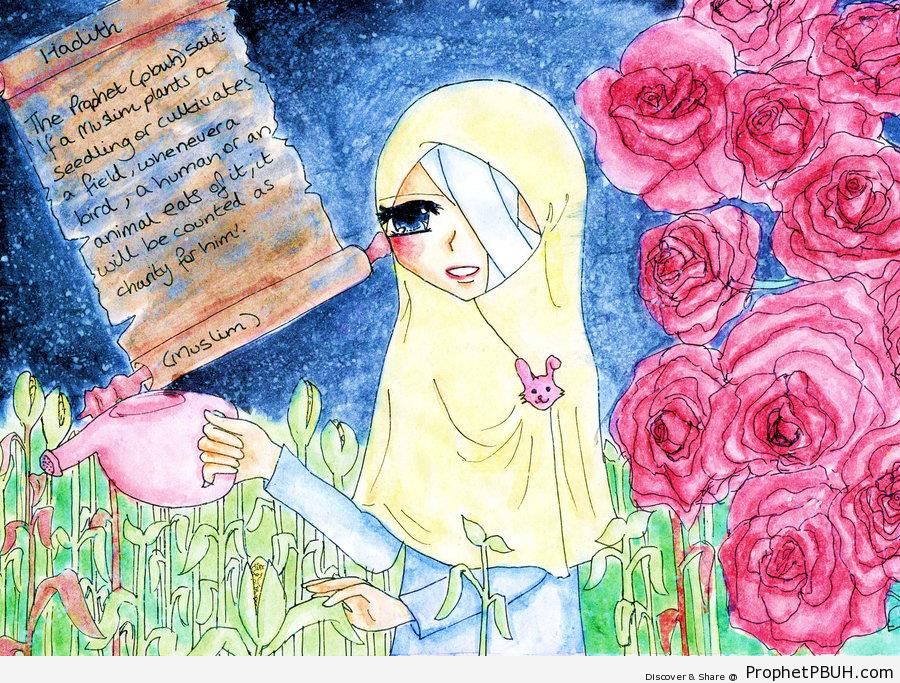 Hadith on Drawing of Hijabi Watering Plants - Drawings 