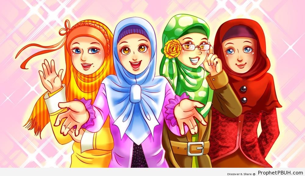 Happy Anime Hijabi Muslim Characters - Drawings 