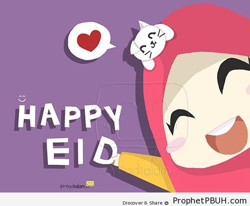 Happy Eid Greeting with Smiling Muslim Woman and Cat - Drawings of Cats