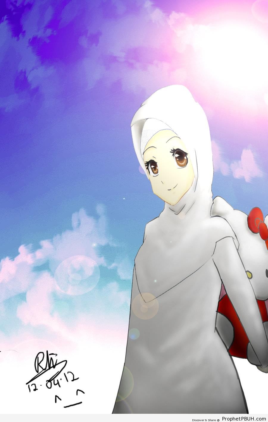 Happy Girl in White Hijab Outdoors - Drawings