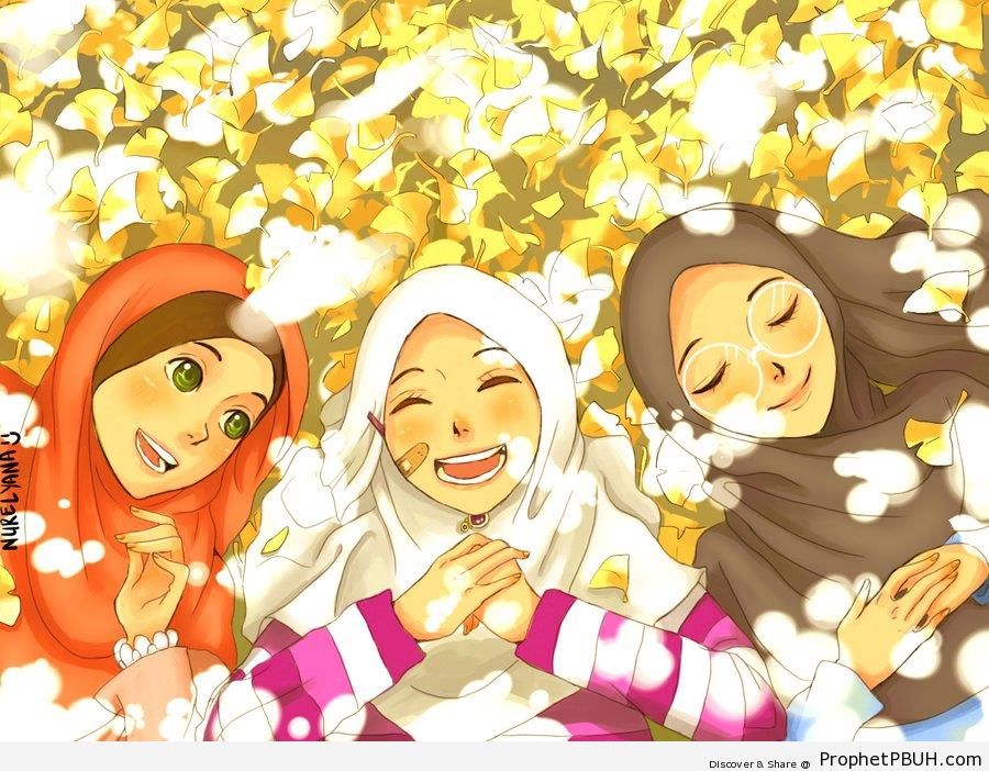 Happy Muslimah Friends Manga Anime Style Drawing Drawings