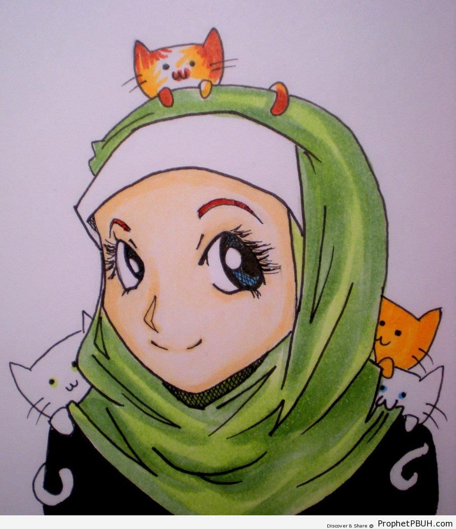 Happy Muslimah With Cats - Drawings 