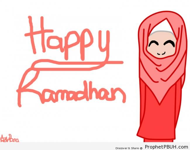 Happy Ramadan Graphic With Smiling Muslimah Drawing - Drawings 