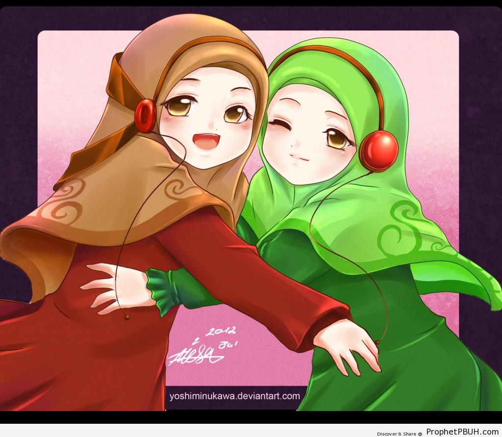 Headphones-Wearing Anime Muslimahs Hugging - Drawings 