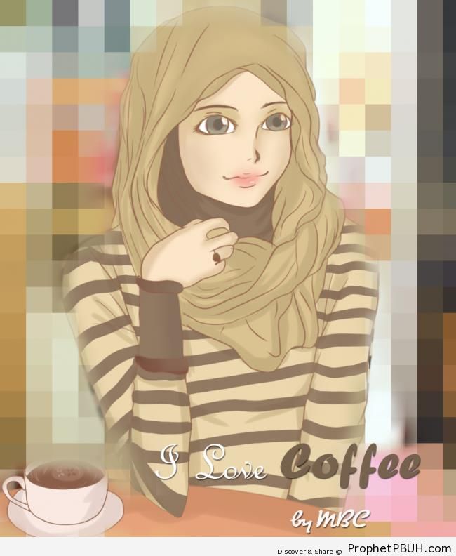 Hijabi Muslim Girl With Cup of Coffee - Drawings