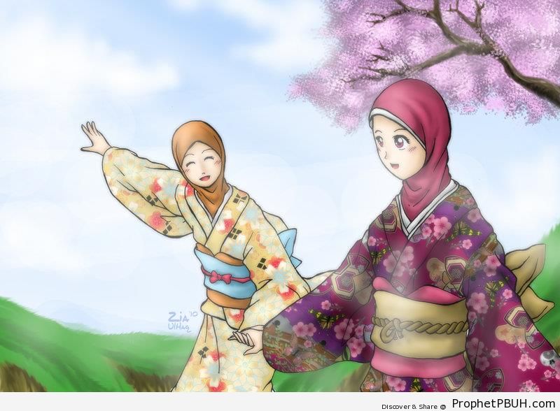 Hijabi Muslim Girls in Kimono - Drawings 