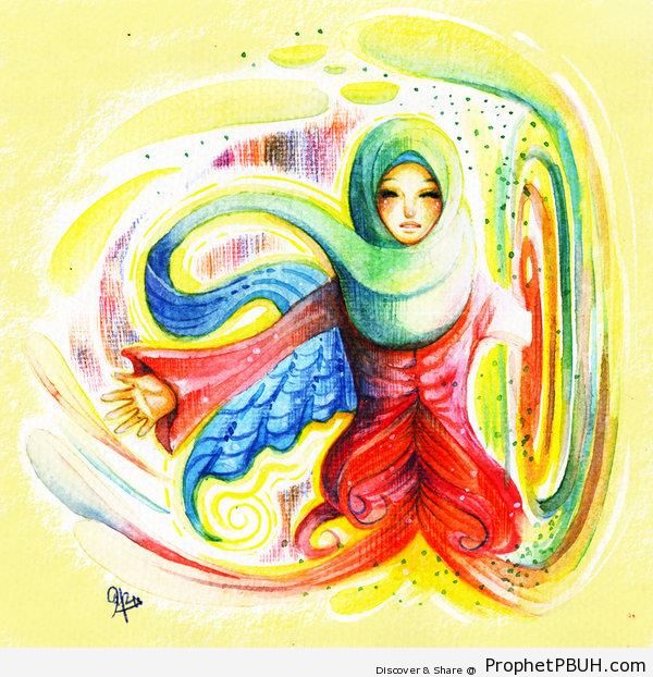 Hijabi Muslim Woman Watercolor Paintings - Drawings
