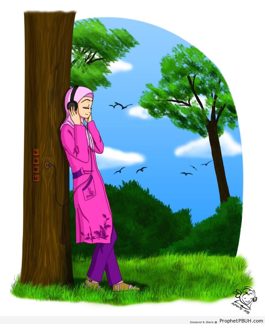 Hijabi Muslimah Listening to Tree With Headphones - Drawings 