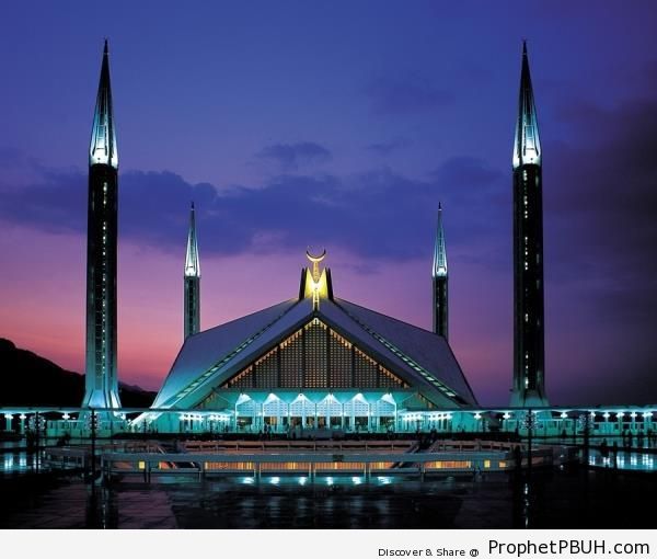 Lit Up Faisal Mosque at Dusk - Faisal Mosque in Islamabad, Pakistan