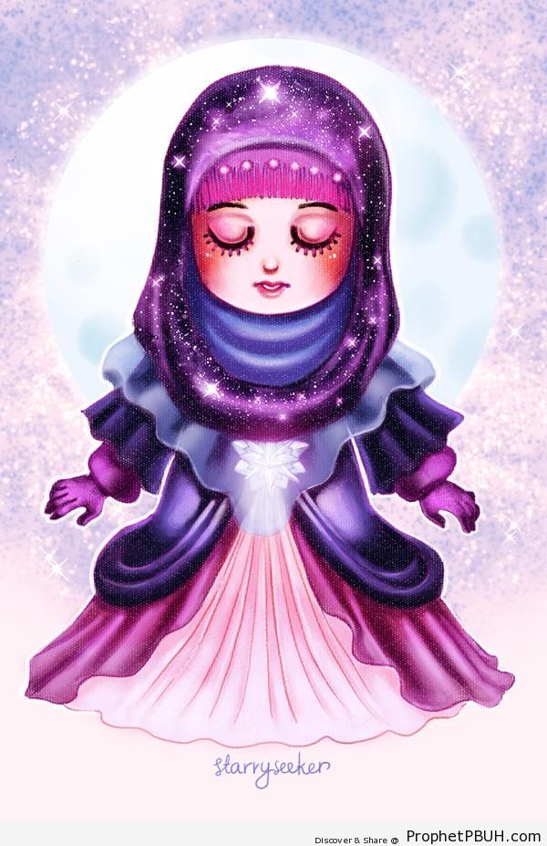 Little Muslimah with Closed Eyes in Blue and Purple - Chibi Drawings (Cute Muslim Characters)
