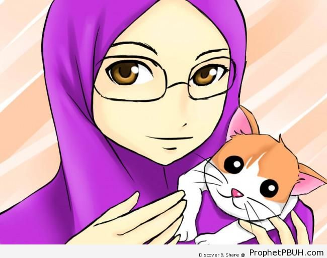 Manga Hijabi in Glasses & Pet Cat - Drawings 