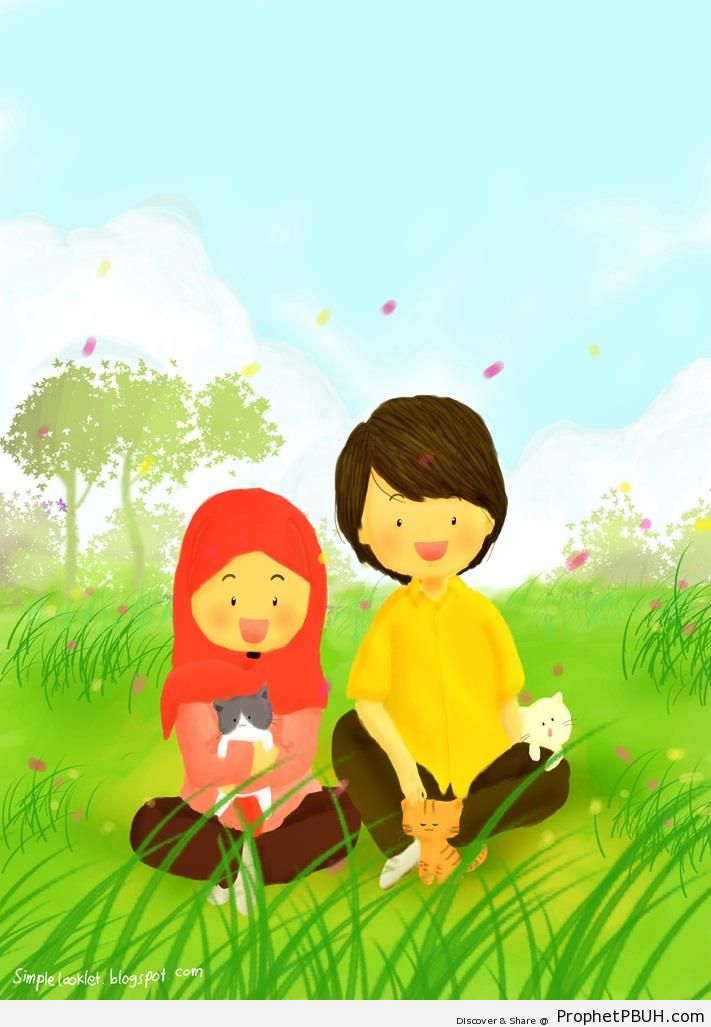 Muslim Boy and Girl Sitting in Green Field - Drawings 