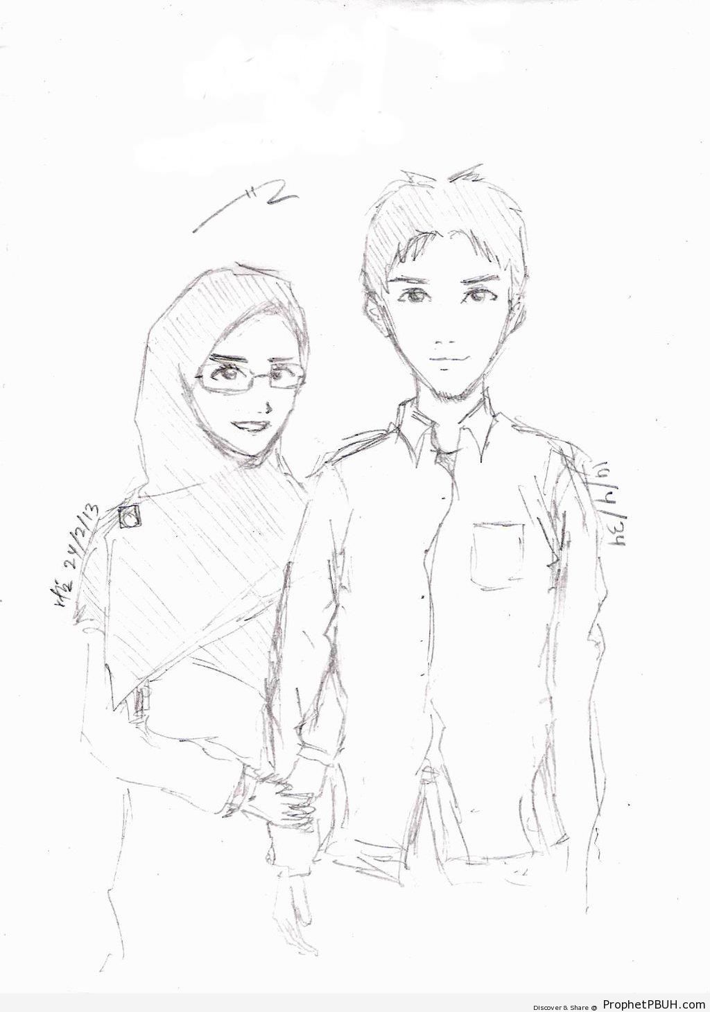 Muslim Couple (Pencil Drawing) - Drawings 