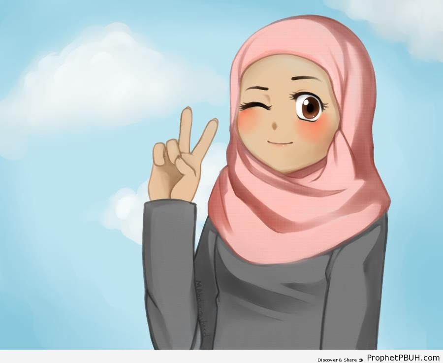 Muslim Girl Making V Sign - Drawings 