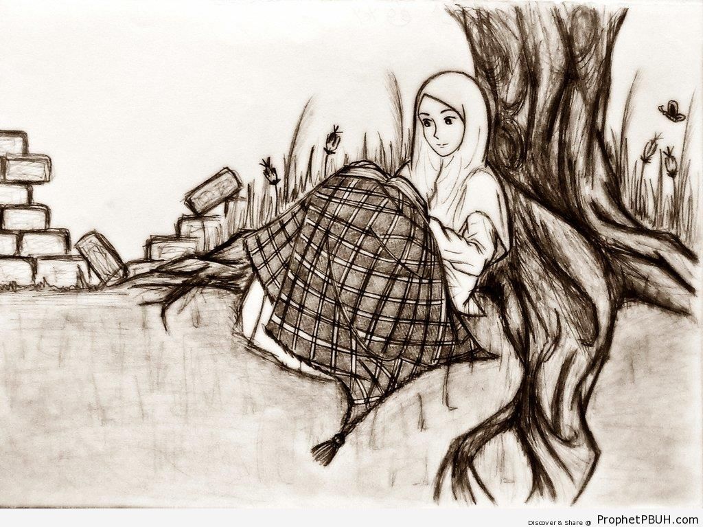Muslim Girl Reading Under Tree - Drawings 