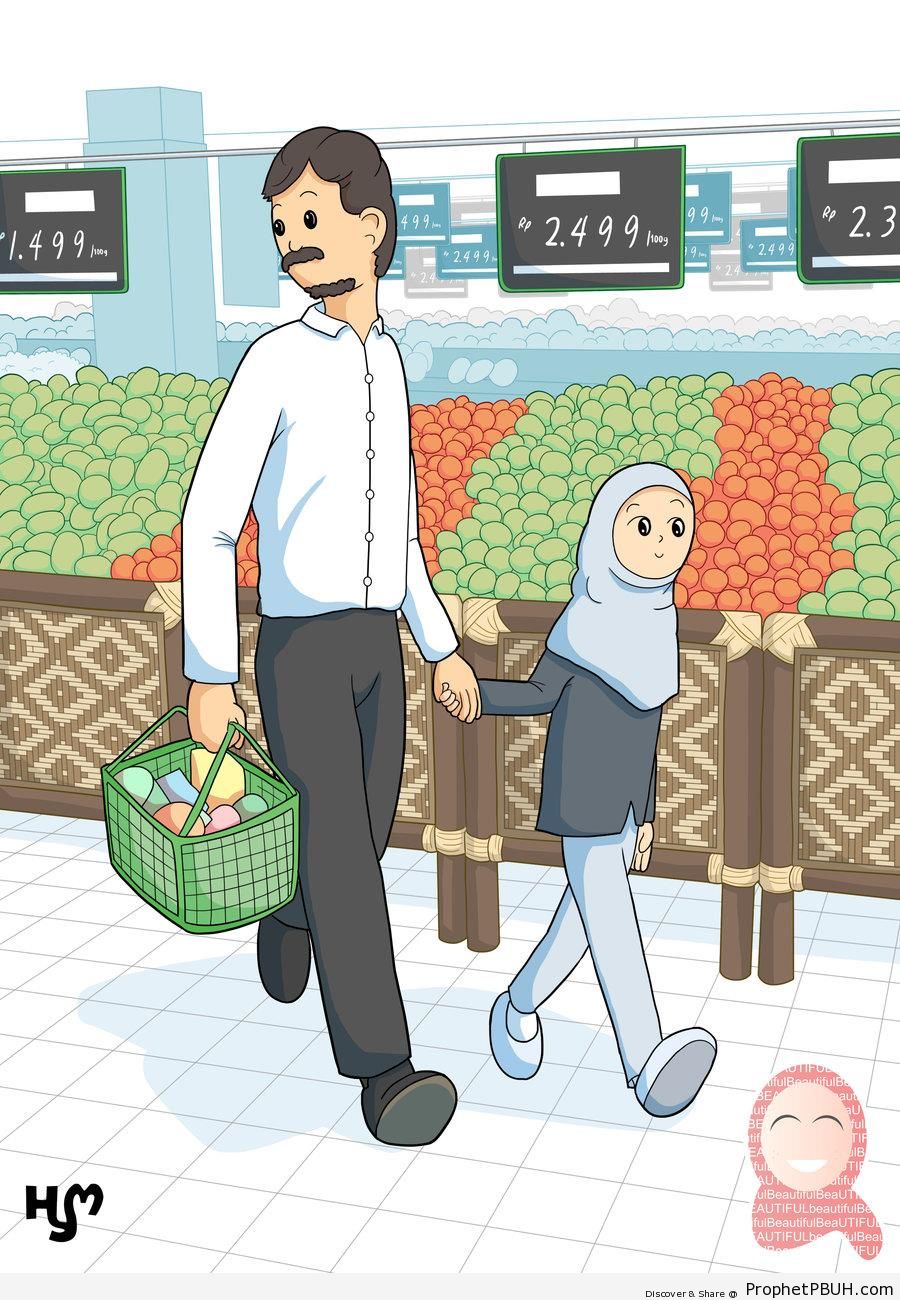 Muslim Girl Shopping With Dad - Drawings 