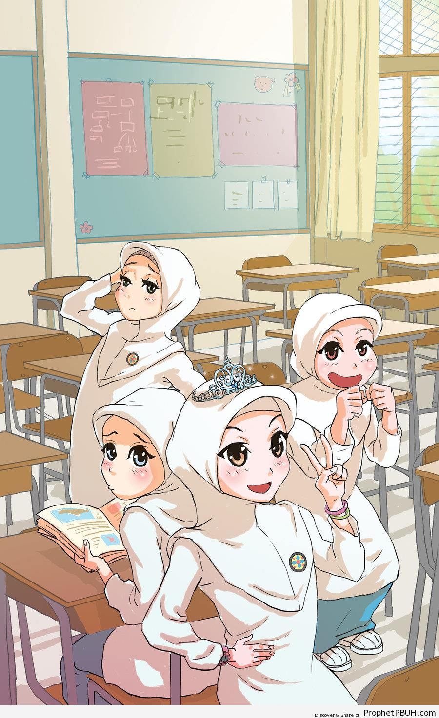 Muslim Girl Students in Classroom (Anime & Manga Style Drawing) - Drawings 