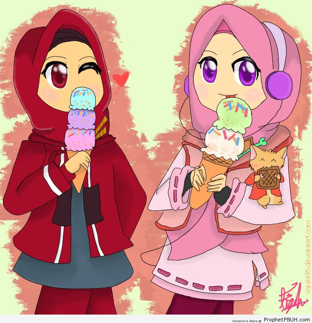 Muslim Girls Eating Icecream - Drawings 
